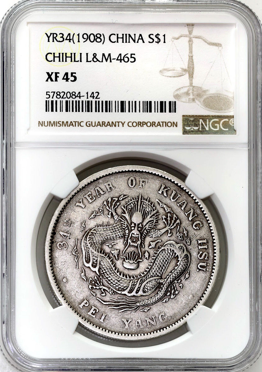 Chiny, Chihli. Dolar Yr. 34 (1908) NGC XF45 - RZADKI